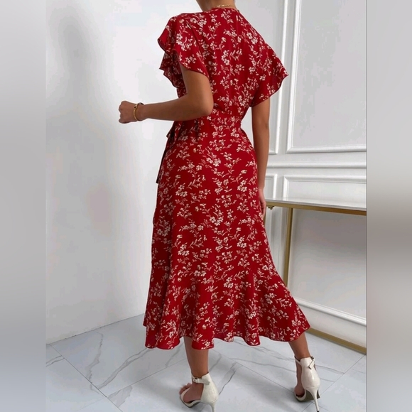 NEW Boho Floral Flutter Wrap Dress Burgundy Red - Picture 5 of 9